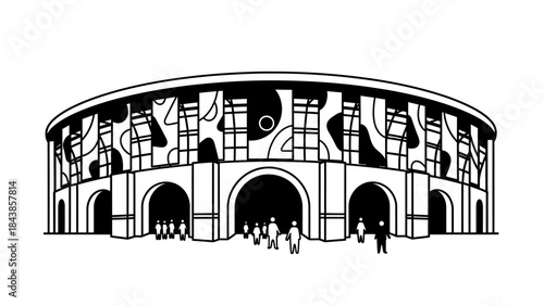 Vintage vector illustration of a train silhouette traveling through an ancient European city street with architectural drawings of buildings