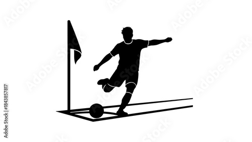 Soccer Player Silhouette in Action: A dynamic silhouette captures a soccer player poised to take a corner kick, the flag and ball adding to the scene.