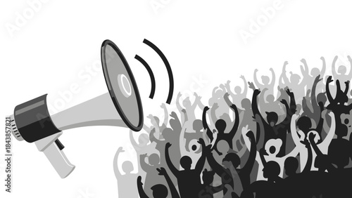 Amplified Voices: A striking illustration captures a megaphone broadcasting sound waves towards a silhouette crowd of people, embodying the essence of communication, protest, and collective action.