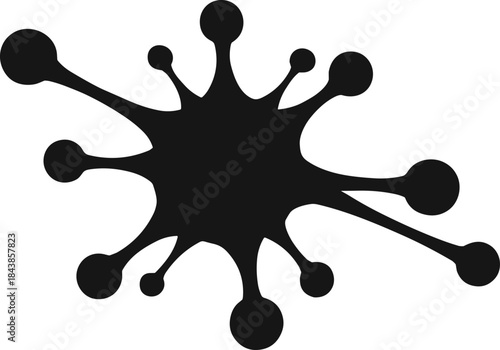 Abstract black ink splatter with organic radial extensions on white background for design, texture, or virus concept