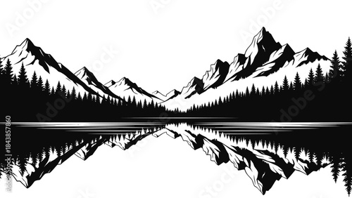 Mountain Reflections: Majestic peaks mirrored in a serene lake, a minimalist grayscale illustration of the raw power and beauty of nature.