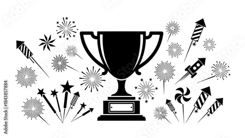 Celebration Trophy Silhouette: Capturing the spirit of victory, a sleek trophy silhouette is surrounded by bursts of celebratory fireworks and rockets, symbolizing achievement and success.
