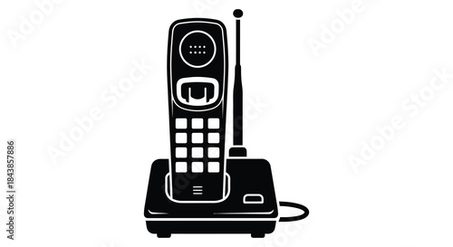 A striking black and white graphic of a vintage cordless telephone a nostalgic silhouette