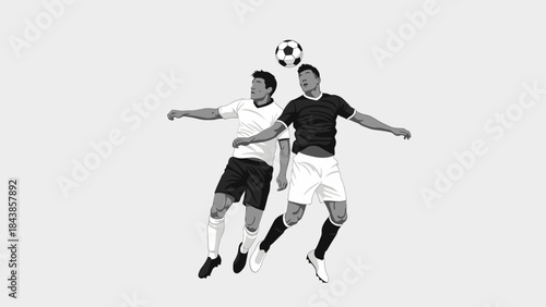 Elevated soccer duel: Two determined footballers leap towards the sky, battling for control of a soccer ball during an intense match. Capturing the thrill of the sport, their focus is on the ball.