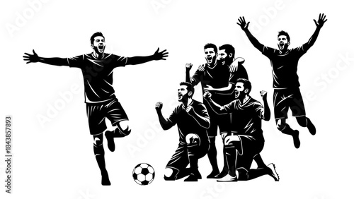 Triumph in the Game: An energetic soccer team celebrates a thrilling victory, their jubilation captured with dynamic silhouettes against a stark backdrop.