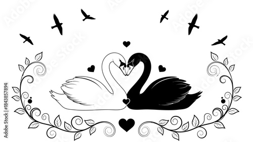 Harmony of Black and White: Two elegant swans, one white and one black, intertwined in a graceful embrace, symbolize unity amidst diversity. Surrounded by delicate leaves, fluttering birds.
