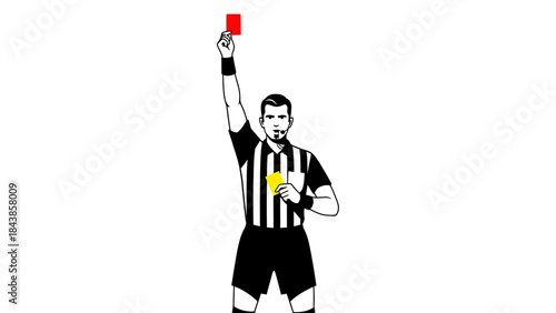 Red Card Warning: A stern referee, with unwavering focus, displays the dreaded red card. symbolizing expulsion and the consequences of rule-breaking.