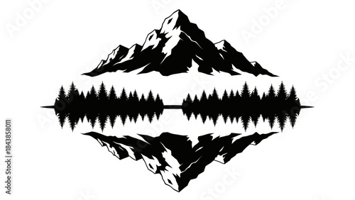 Symmetrical Nature Scene:  A symmetrical, minimalist depiction of mountain peaks and a serene forest reflected in still waters, embodying tranquility and the essence of the outdoors.