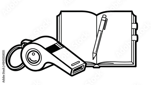 Concept of Discipline: A whistle, notebook, and pen arranged on a clean, ready for preparation and training. A simple visual for discipline.
