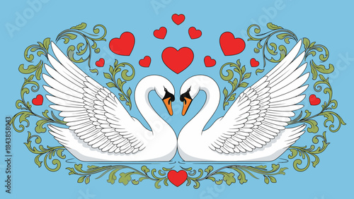 Eternal Embrace: Two swans intertwine, forming a heart shape. Adorned with hearts and delicate foliage, embodying eternal love and romance. 