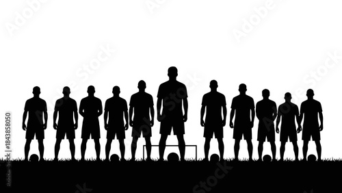 Team Silhouette: A resolute team of soccer players, stands ready on a lush field. Embodying strength, focus, and camaraderie, this image captures the spirit of the game.