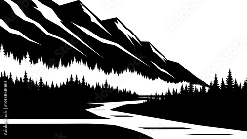 Monochrome Mountainscape: A striking black and white depiction of a towering mountain range, verdant evergreen forest.