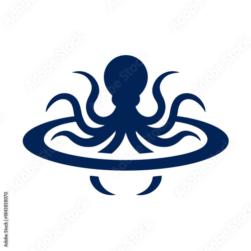 Abstract blue octopus icon with orbital ring, modern stylized vector graphic symbol for business, technology, and creative design projects.