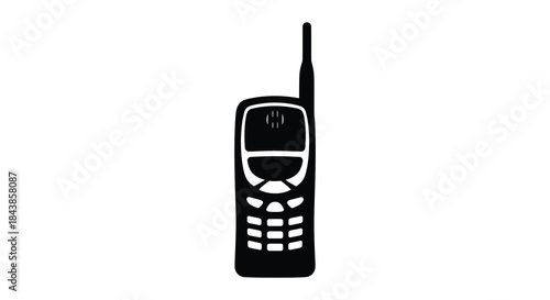 A simple black and white illustration depicts an old mobile phone with an antenna silhouette