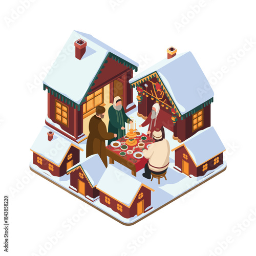 Isometric montage of families and couples spending happy time together at home in a residential neighborhood Isometric icons