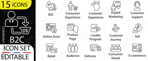 Modern B2C E-Commerce and Retail Business Vector Icon Set.icon, vector, b2c, line icons, retail, business, shopping, marketing, digital, online, set, collection and more. Solid vector icons collection