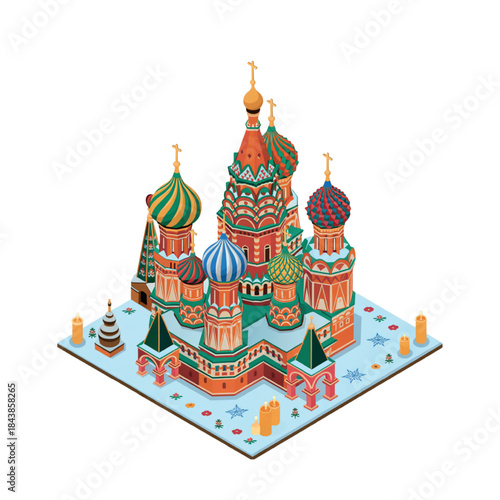 St Basil Cathedral in Moscow Russia iconic colorful domes at Red Square landmark illustration Isometric icons