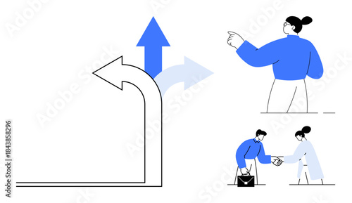 Decision-making, business strategy, teamwork, career paths, negotiation, leadership. Arrows point toward choices people collaborate and strategize. Decision-making and collaboration concepts