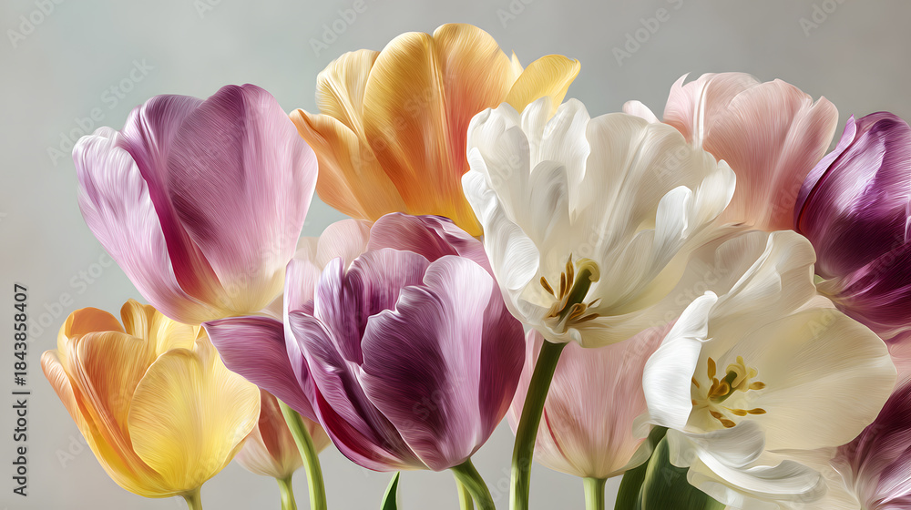 Obraz premium Tulip background, tulips, realistic botanical texture, soft natural light, full-frame, high-resolution, clean commercial aesthetic.