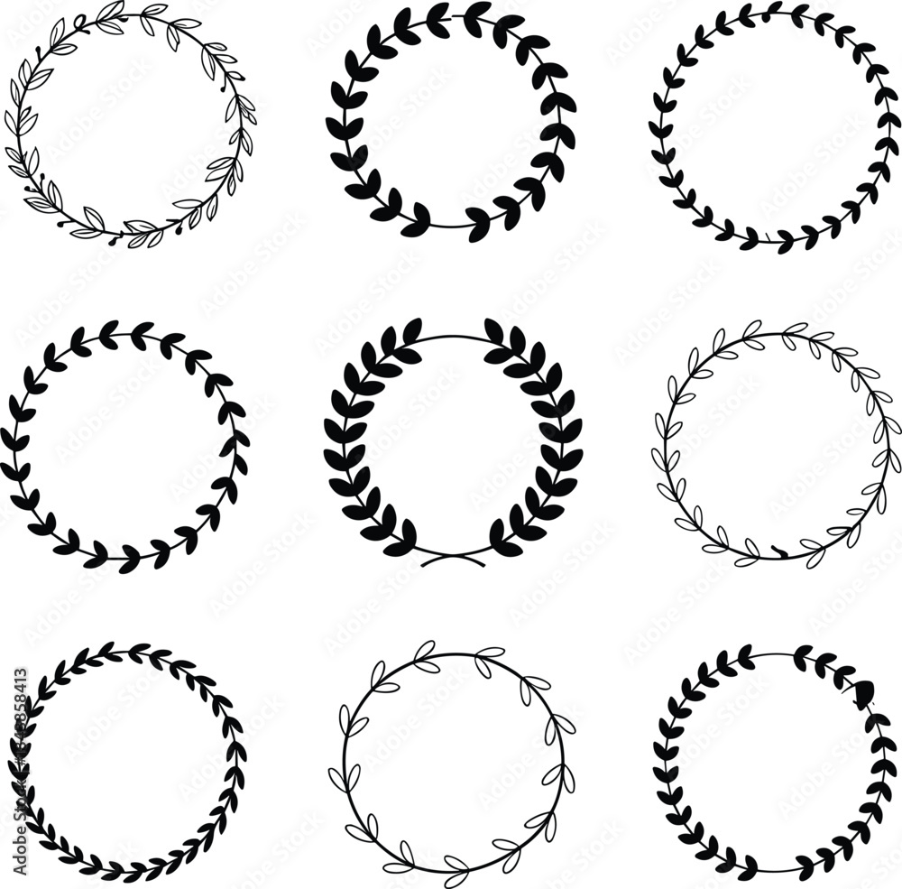 Obraz premium A set of nine black and white minimalist leaf wreaths and circular frames