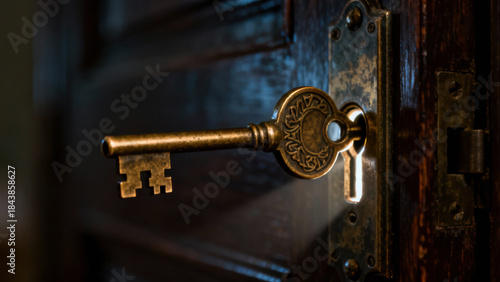 Vintage brass key entering a rustic wooden door lock with dramatic lighting