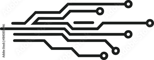 Abstract printed circuit board layout with black conductive lines and nodes for digital electronics and tech design
