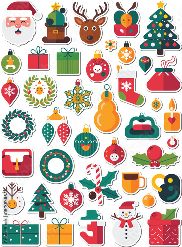 A vibrant collection of christmas flat design icons and stickers for holiday celebration