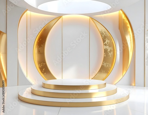Minimalist circular stage design with glowing golden frame high resolution image