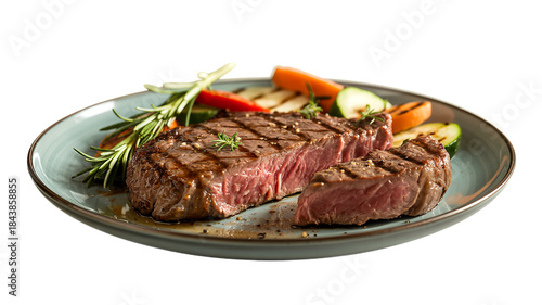 Delicious grilled beef steak with roasted vegetables and rosemary on a plate, isolated on transparent background.