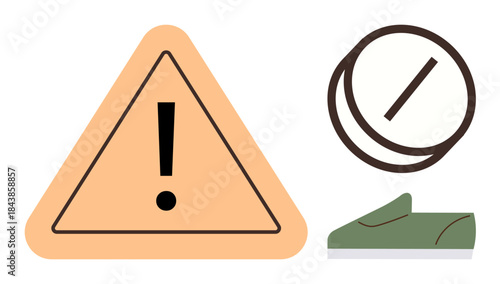 Caution triangle with exclamation mark, prohibition circle, and minimalist shoe graphic. Ideal for safety, restriction, hazard, alert, warning footwear prohibited access. Simple flat metaphor