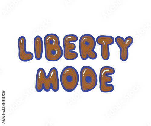 Brown and blue bubbly letters spelling liberty mode T-shirt typography text lettering.
