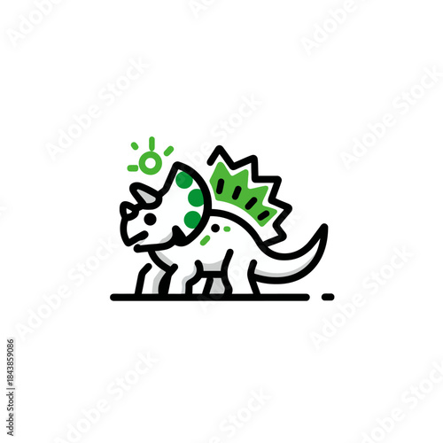 Cute cartoon triceratops dinosaur icon illustration, green and white minimalist prehistoric animal vector graphic design element