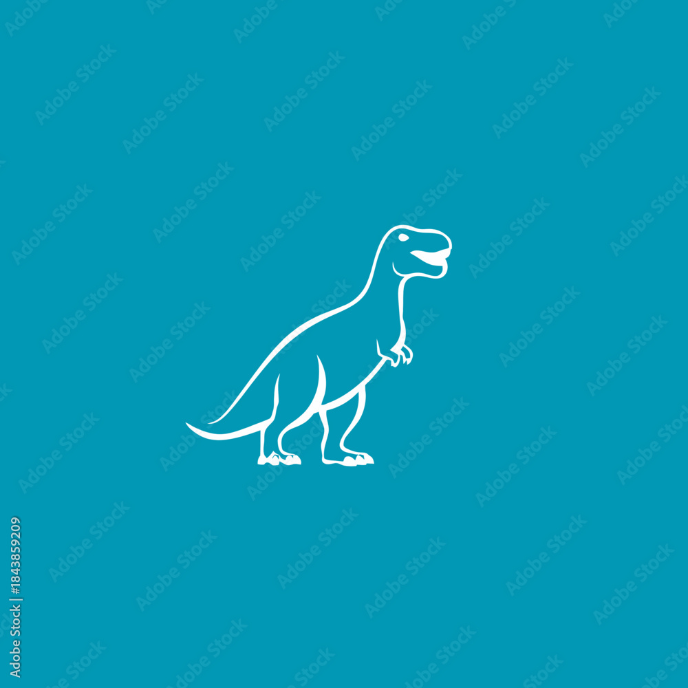 Fototapeta premium Minimalist White Tyrannosaurus Rex Dinosaur Outline Illustration - Simple T-Rex Icon on a Solid Teal Blue Background