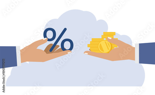 Hands holding percent and coins. Investment attractiveness of projects, obtaining high interest from deposits, increasing profits from an investment deposit or from securities