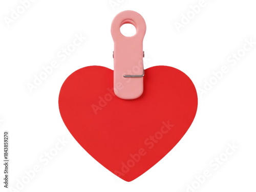 3D rendered red heart note clipped with a pink plastic clothespin, cute romantic love message, element for Valentine's Day