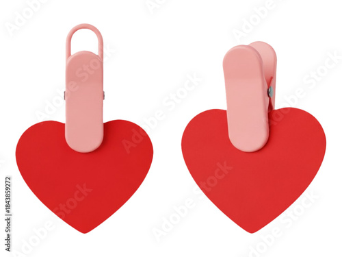 Two 3D rendered red heart memo clips with pink plastic fasteners, cute love symbol paper clips for organization, minimalist Valentine's Day decorative element