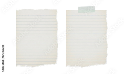 Set of two ripped lined notebook paper pieces, vintage note strips with ragged edges, one attached with adhesive tape, isolated on black background