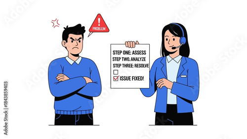 Customer service representative calmly presents a structured problem-solving checklist to an angry client, highlighting efficient support and conflict resolution