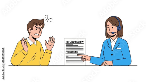 Unhappy customer disputing a refund review with a customer service agent. The client expresses frustration while the representative explains the business policy document