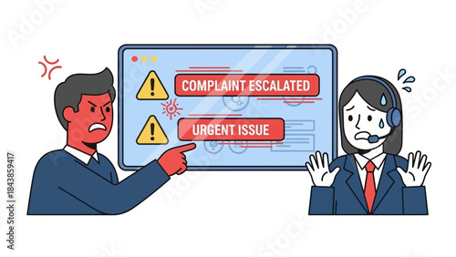 Angry customer pointing at computer screen showing complaint escalated and urgent issue message to stressed customer service representative