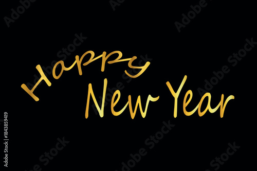 Happy New Year golden text on a black background, a festive and elegant greeting for the upcoming year