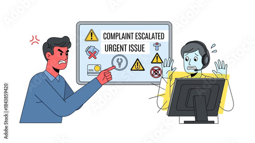Customer service agent overwhelmed by urgent, escalated complaint with warning signs on screen