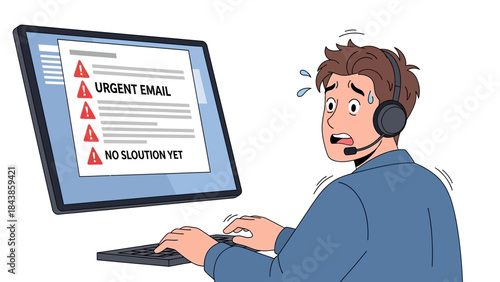 Panic-stricken call center employee facing a barrage of urgent emails and a lack of solutions, highlighting workplace stress and digital communication overload