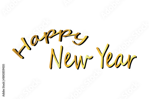 Happy New Year text in a stylish, festive font with a golden gradient effect on a white background, celebrating the upcoming year