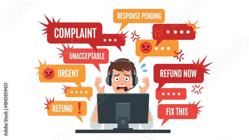 Customer service agent overwhelmed by complaints and refund requests, stress from difficult clients