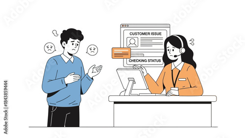 Customer support specialist providing assistance to a frustrated client with an unresolved issue, illustrating the process of problem resolution and client care in a business setting