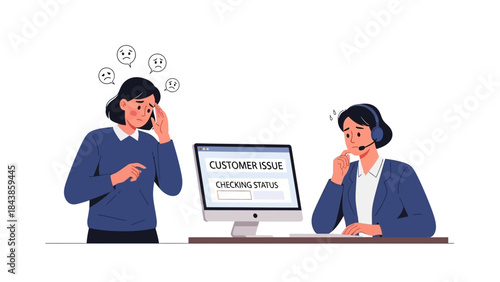 Frustrated Customer and Stressed Support Agent Dealing with Unresolved Issue Illustration