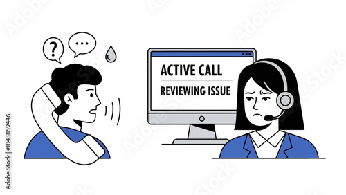 Depicting a frustrated customer on an active support call and an agent reviewing an issue, illustrating the challenges of customer service and help desk operations