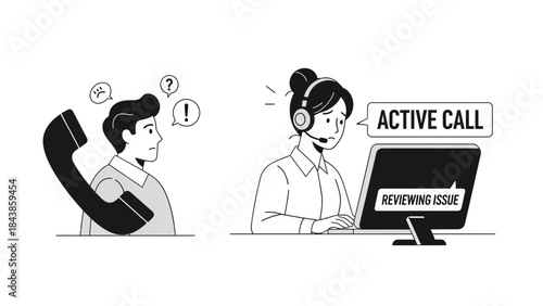 Dedicated customer support agent actively reviewing an issue for a concerned caller, illustrating call center assistance and problem resolution