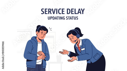 Customer support agent informs a frustrated client about a service delay and ongoing status update, depicting challenges in business communication and user experience